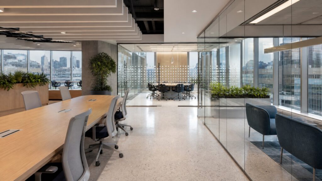 Turnkey office design in Boston innovation district with biotech-ready workstations and custom furniture