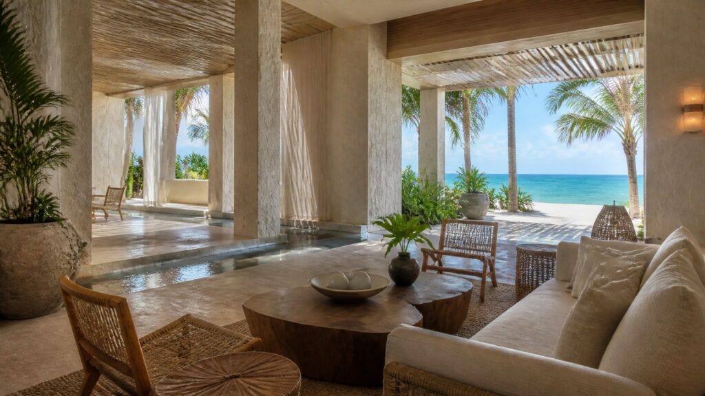 Beachfront hotel interior in Cancun with turnkey resort furnishing and tropical styling