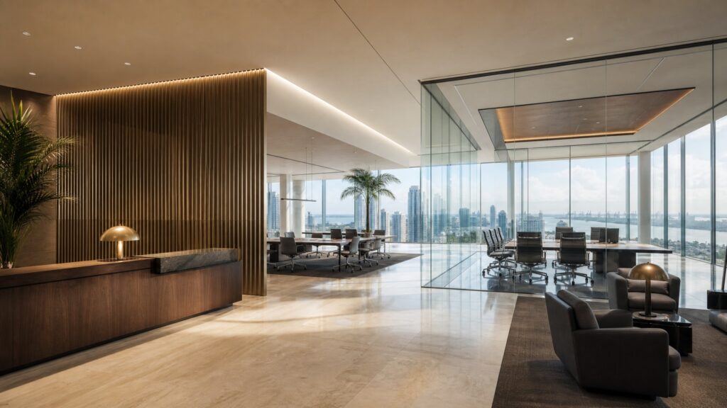 Turnkey office interior in Panama City with custom furniture and logistics-ready layout