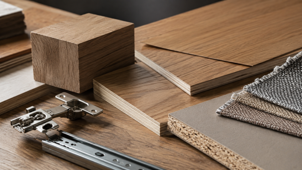 AI illustration of wood blocks, veneer sheets, panel edges, upholstery swatches, a hinge, and a drawer slide