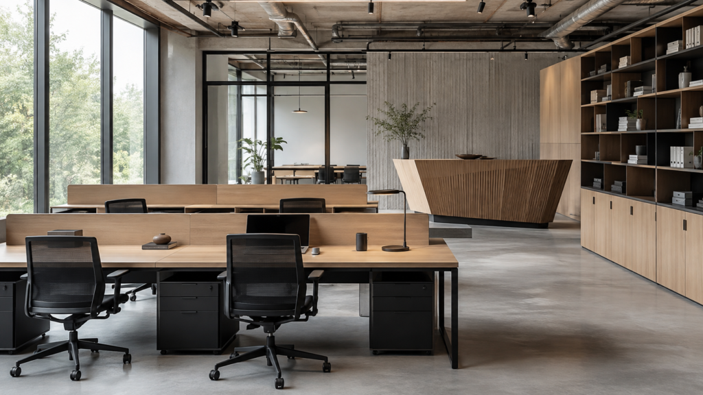 AI concept of modular office workstations with a sculptural reception counter and coordinated storage