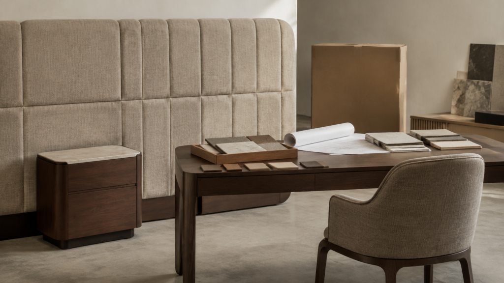 AI concept of a furniture sample review with an upholstered headboard, bedside cabinet, desk, and finish swatches