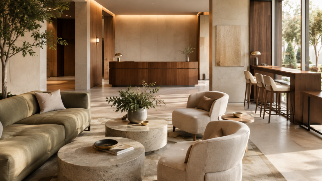AI concept of hotel lobby seating with an olive sofa, cream armchairs, round tables, and reception counter
