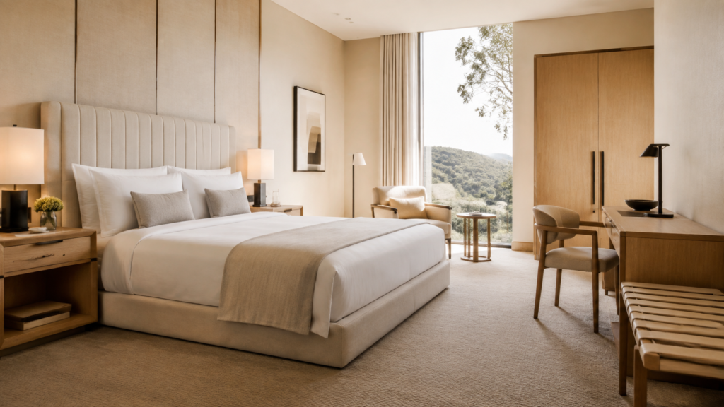 AI concept of a hotel room with an upholstered bed, bedside tables, desk, wardrobe, and lounge chair