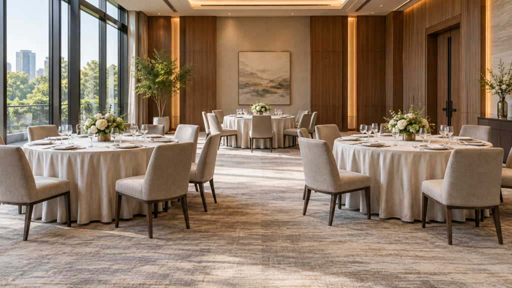 AI concept of a hotel banquet room with round tables, upholstered chairs, and a service aisle