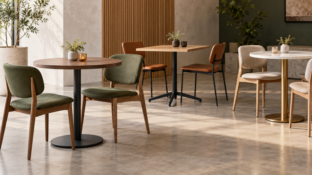 AI concept of cafe tables with different pedestal and four-leg bases shown beside dining chairs.
