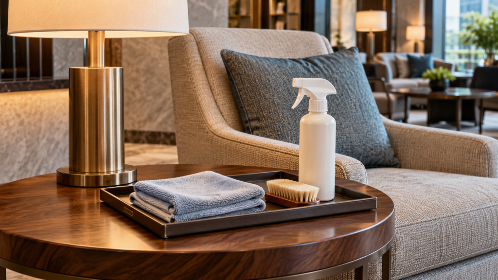 AI concept of furniture care materials beside a walnut table and upholstered lounge chair, with a dry cloth and soft brush.