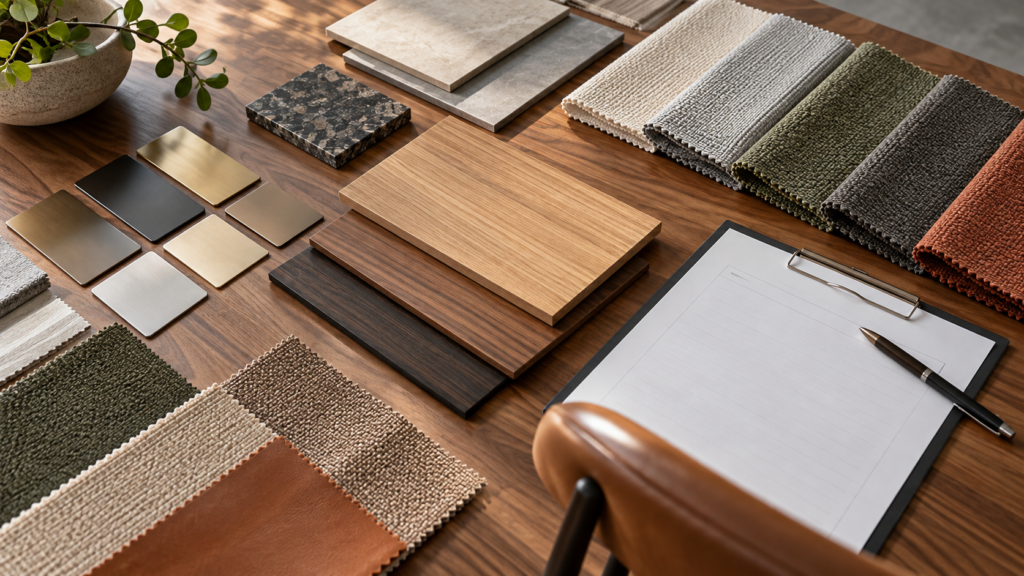 AI concept of a furniture finish review table with wood, metal, and upholstery samples.