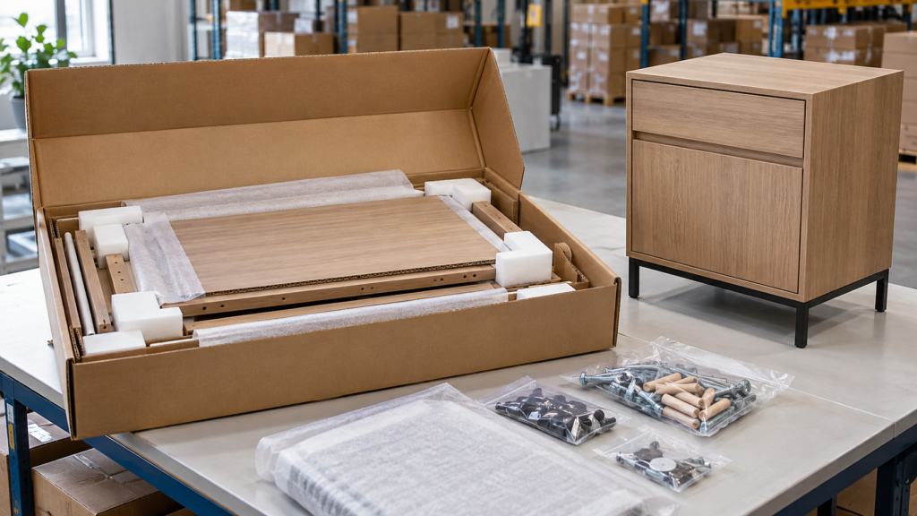 AI illustration of furniture panels protected with corner guards and wrapping inside a carton