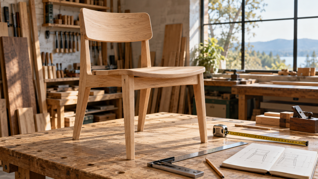 AI concept of a furniture prototype review in a workshop