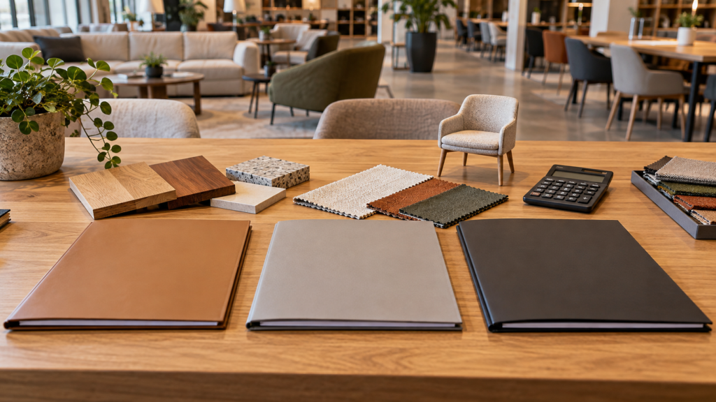 AI illustration of furniture proposal folders, finish samples, and a calculator for quote comparison