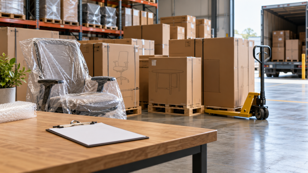 AI concept of a furniture receiving area with protected items, cartons, and a blank inspection clipboard.