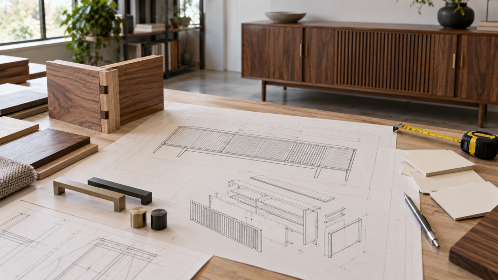 AI illustration of furniture technical drawings, a corner joint prototype, measuring tools, and hardware samples.