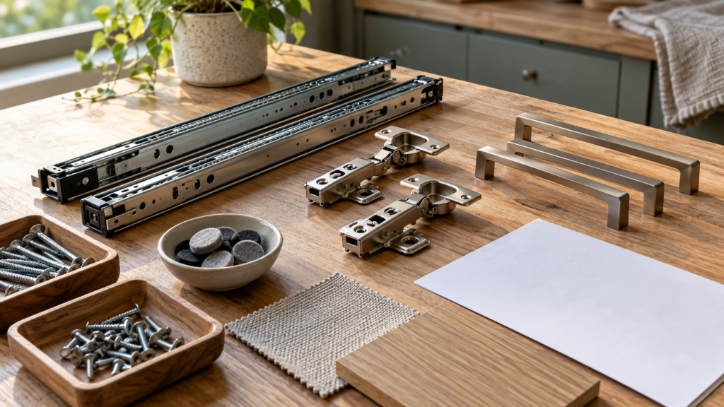 AI illustration of organized drawer runners, hinges, handles, glides, and furniture finish samples