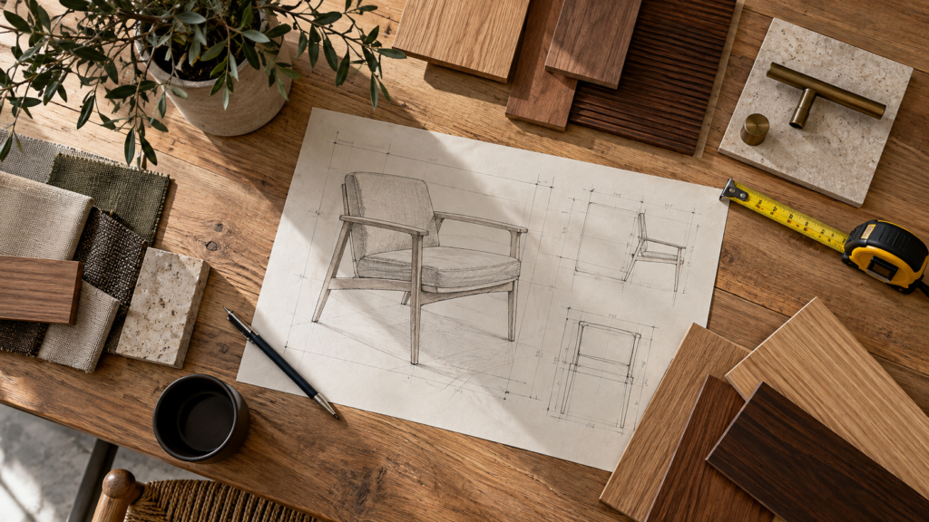 AI concept of furniture drawings and material samples on a design table