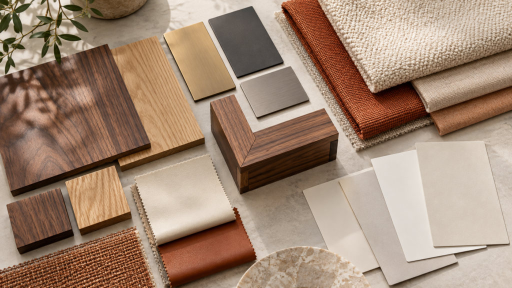 AI illustration of coordinated wood, metal, upholstery, and furniture corner finish samples