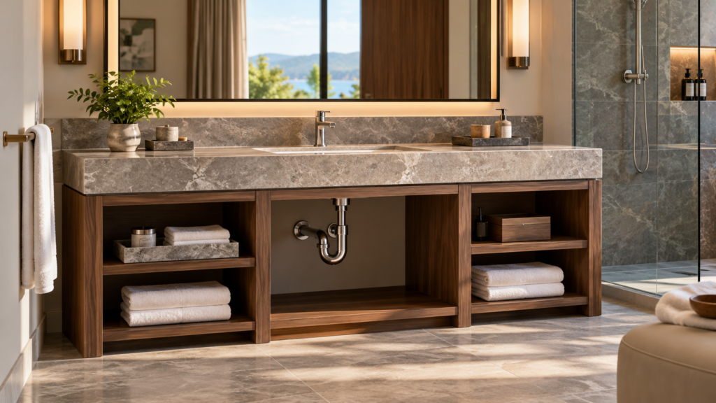 AI concept of a hotel bathroom vanity with storage
