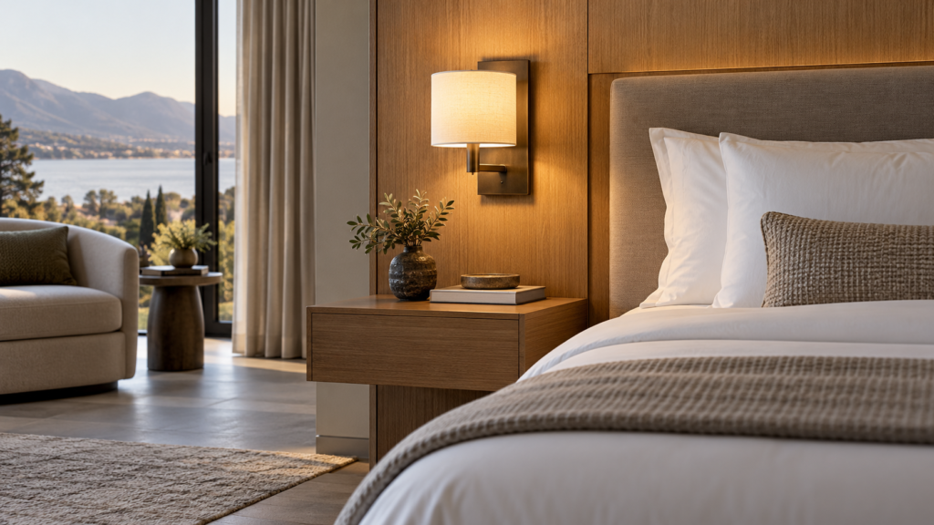 AI concept of hotel bedside lighting coordinated with a bedside table