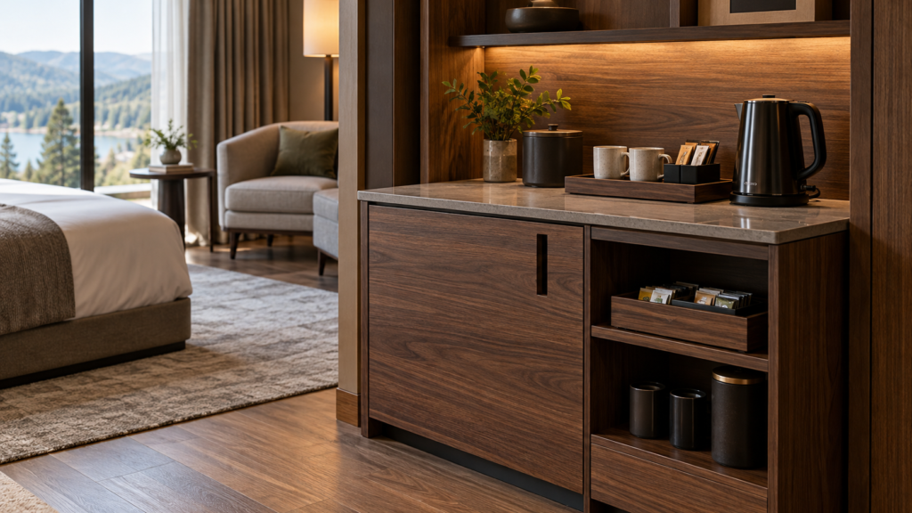 AI concept of a hotel coffee station cabinet with cups and a kettle