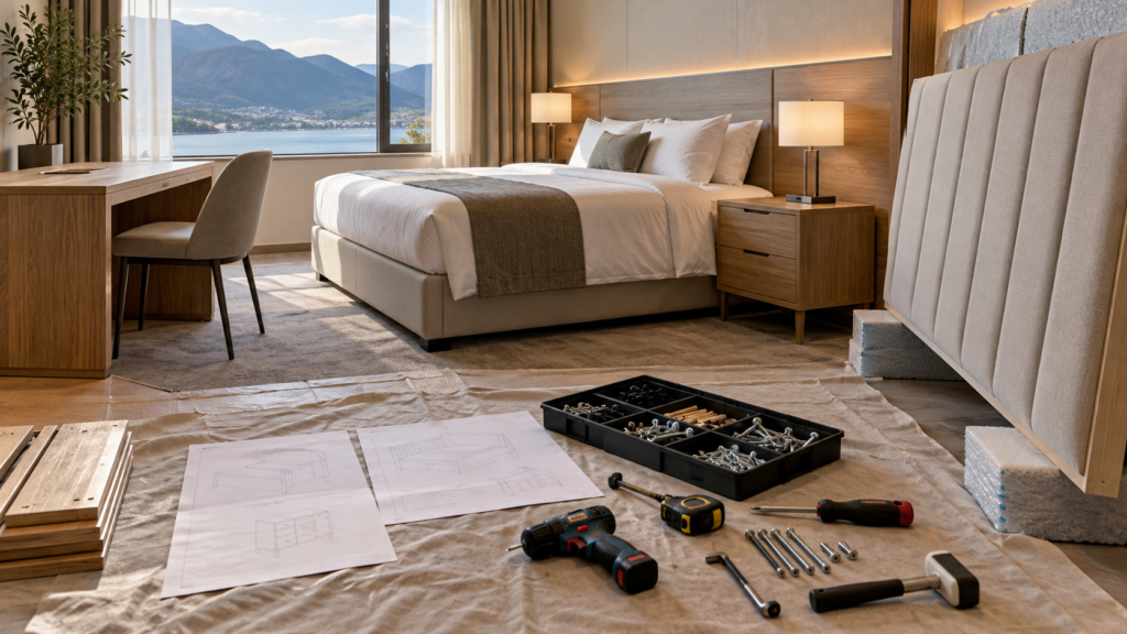 AI concept of a hotel room furniture installation review with tools and protected components