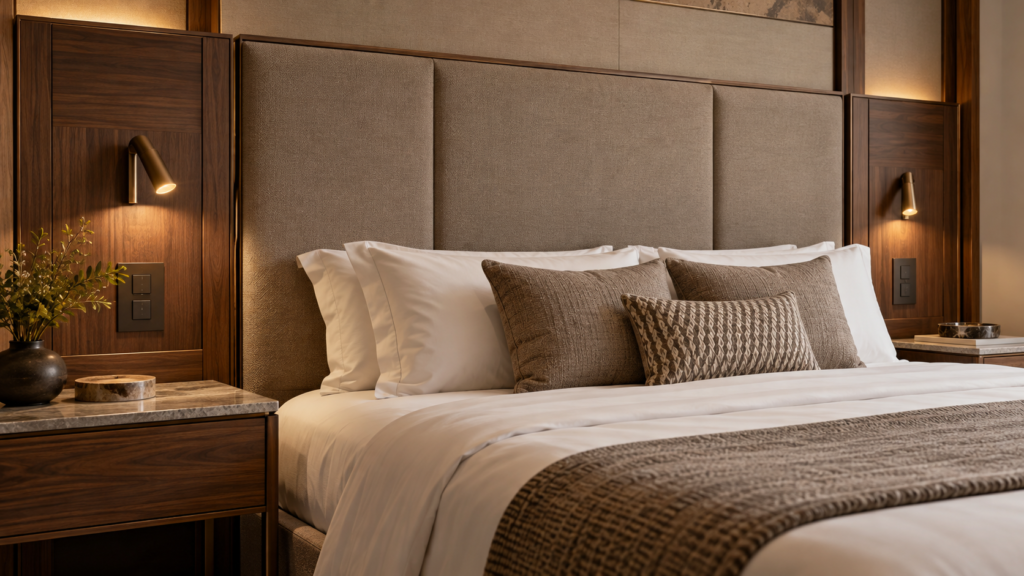 AI concept of a sectional upholstered hotel headboard with reading lights and bedside controls