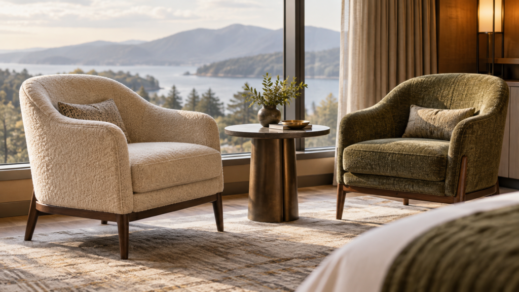 AI concept of two hotel lounge chairs with a side table beside a guestroom window.