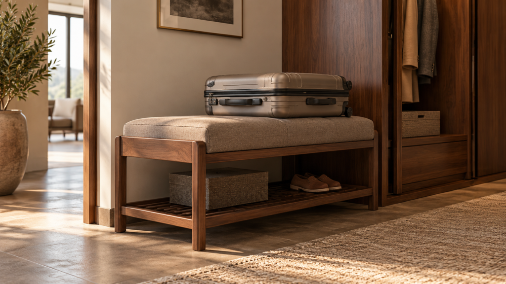 AI concept of a walnut hotel luggage bench with an upholstered top, suitcase, and open lower storage shelf.