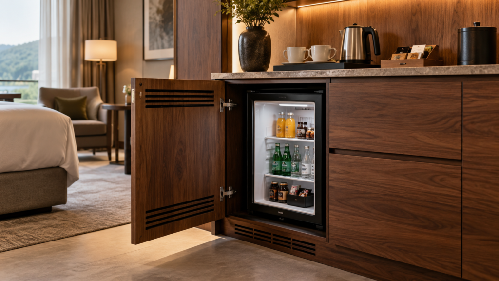 AI concept of a walnut hotel minibar cabinet with an undercounter refrigerator and refreshment counter.