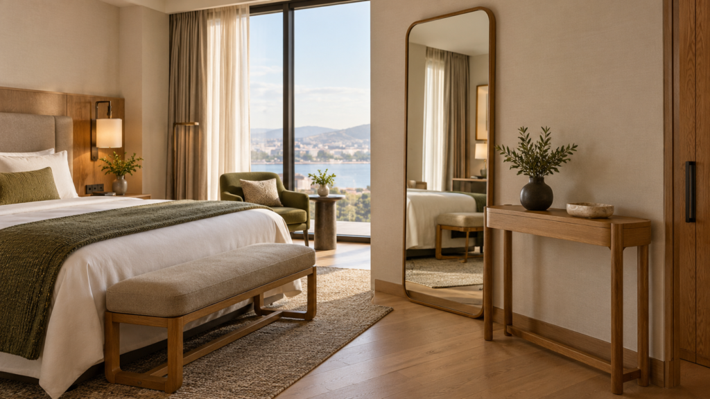 AI concept of a hotel mirror and console in a guest room