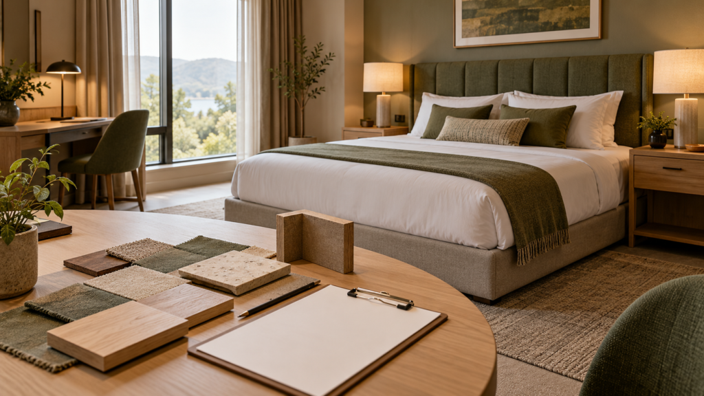 AI concept of a hotel mock-up room with coordinated furniture and a review table holding samples, a joint prototype, and a checklist.