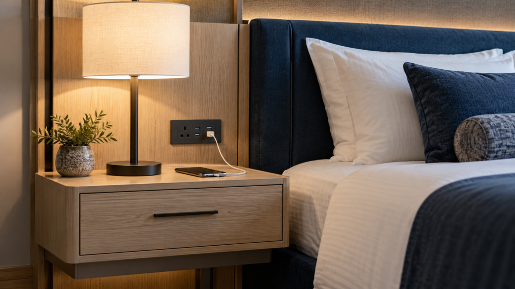 AI concept of a hotel nightstand with drawer, bedside lamp, and charging point.