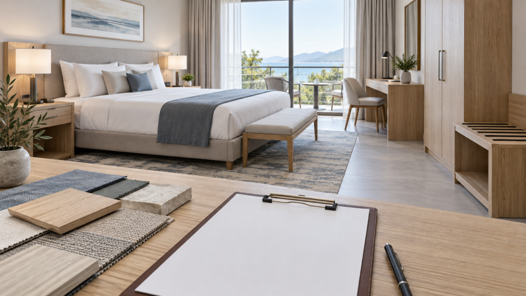 AI concept of a hotel sample room prepared for a furniture specification review