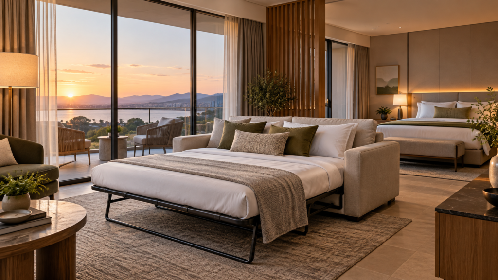 AI concept of a hotel suite with sofa bed