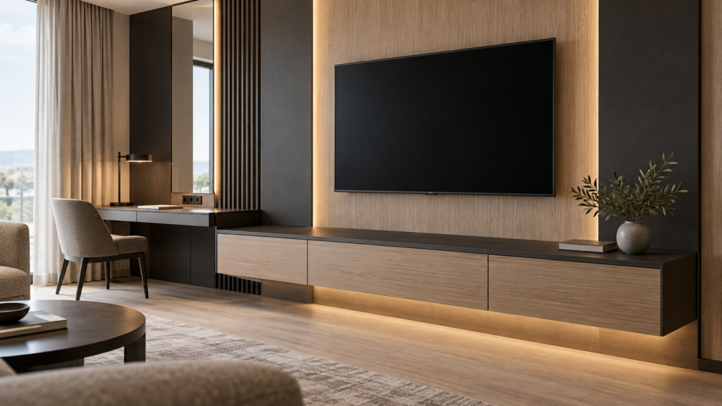 AI concept of a hotel TV wall panel with a low console and blank screen.