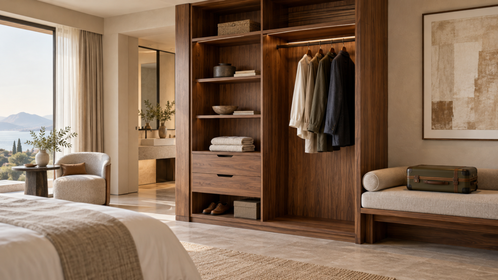 AI concept of an open walnut hotel wardrobe with shelves, drawers, and adjacent luggage bench