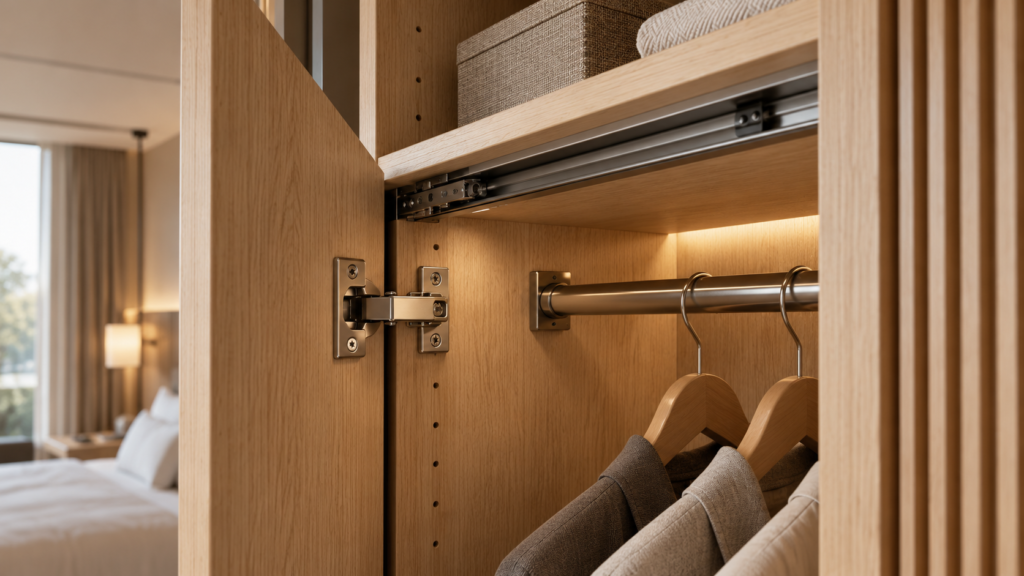 AI concept of wardrobe hinges and a hanging rail in a hotel room