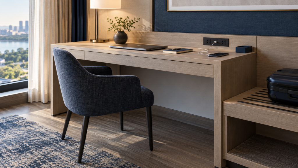 AI concept of a hotel writing desk beside a window with integrated power, an upholstered chair, and luggage storage.