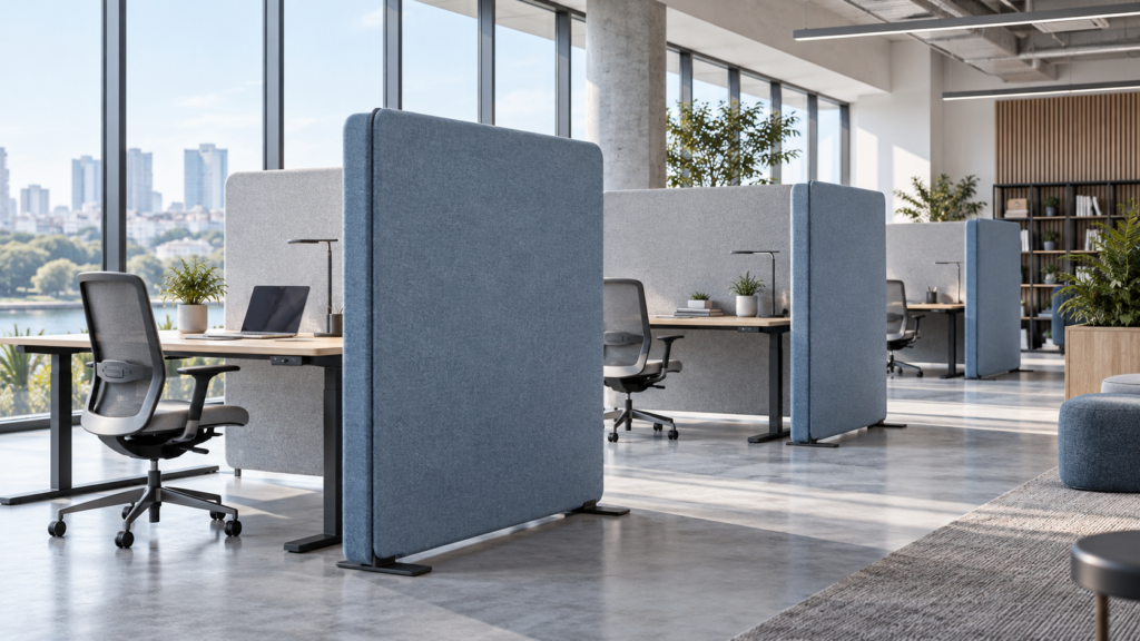 AI concept of freestanding acoustic screens in an open office