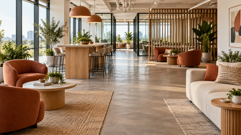 AI concept of an office breakout area with lounge seating groups, a collaborative high table, and a clear central route.