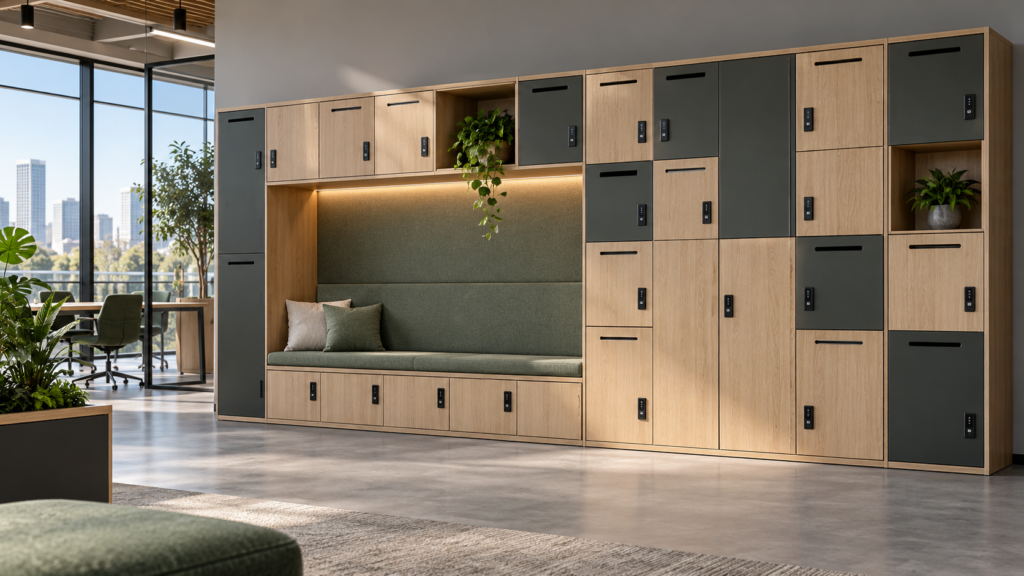 AI concept of office locker cabinets and a bench