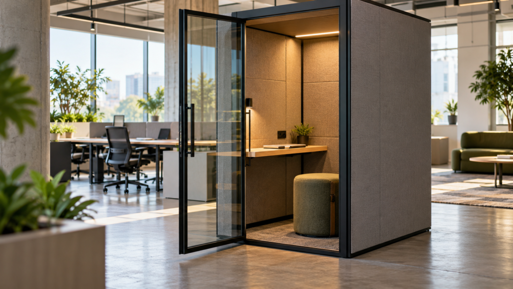 AI concept of a compact office work pod with a desk and upholstered stool.