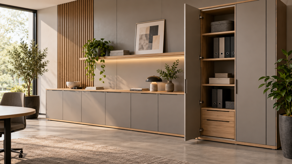 AI concept of an office storage wall with oak and warm-grey cabinets, open shelving, and organized binders.