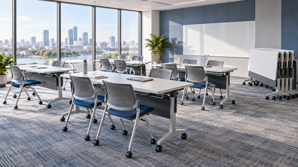AI concept of a bright office training room with mobile tables and nesting chairs.