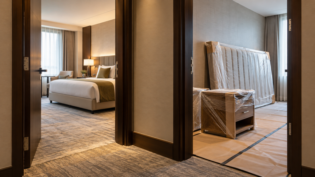 AI concept of hotel rooms staged in separate furniture refurbishment phases
