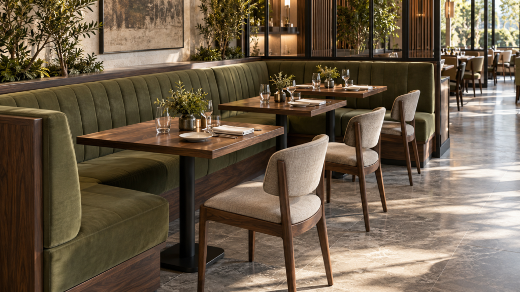 AI concept of L-shaped olive restaurant banquette seating with walnut tables, loose chairs, and a clear service aisle.