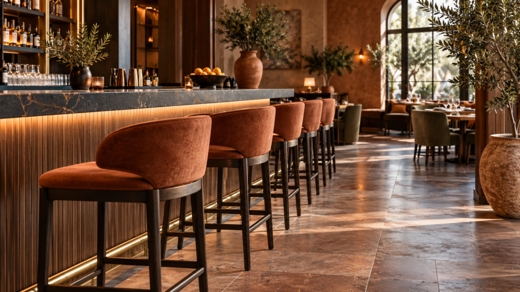 AI concept of upholstered bar stools in a restaurant