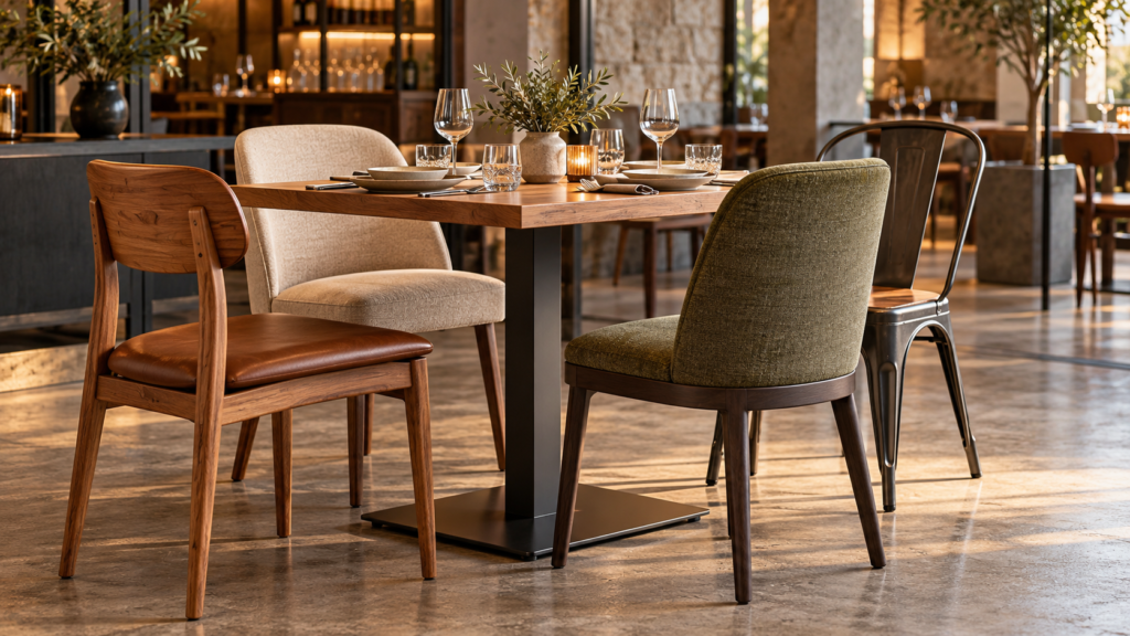 AI concept of varied restaurant dining chairs arranged around a table.