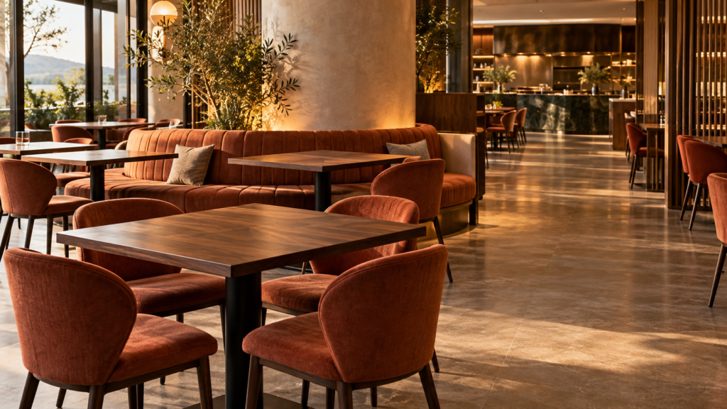 AI concept of restaurant tables, rust upholstered chairs, and a banquette around a column