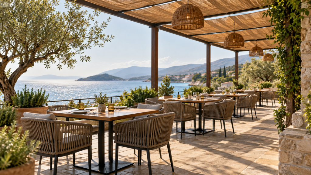 AI concept of a restaurant outdoor terrace with dining furniture