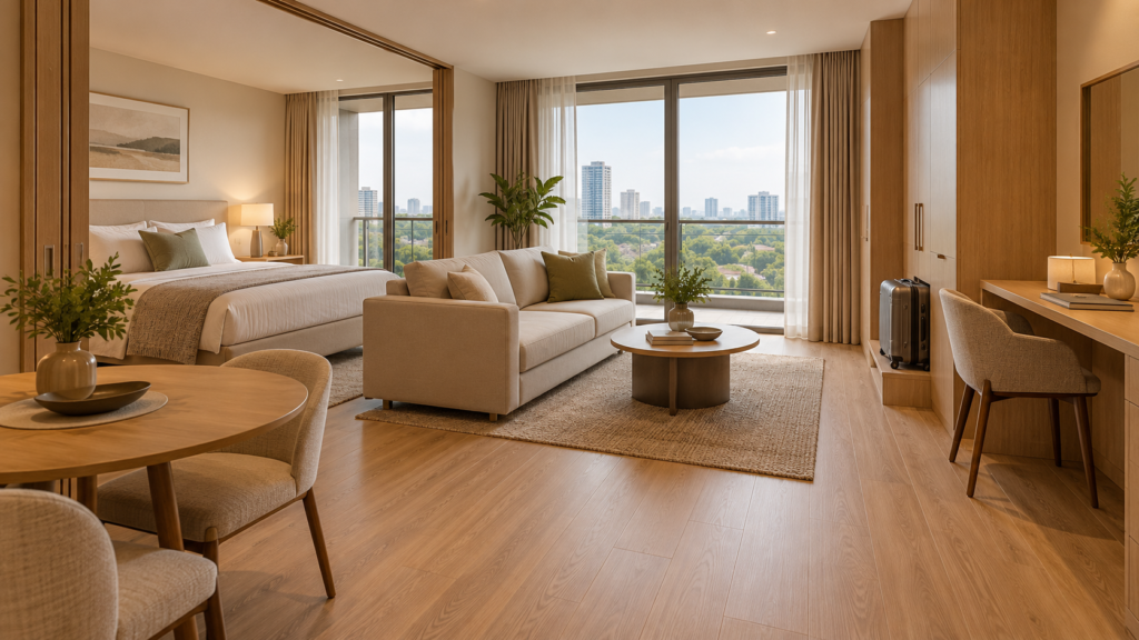 AI concept of a serviced apartment with coordinated sleeping, dining, seating, work, and storage furniture.